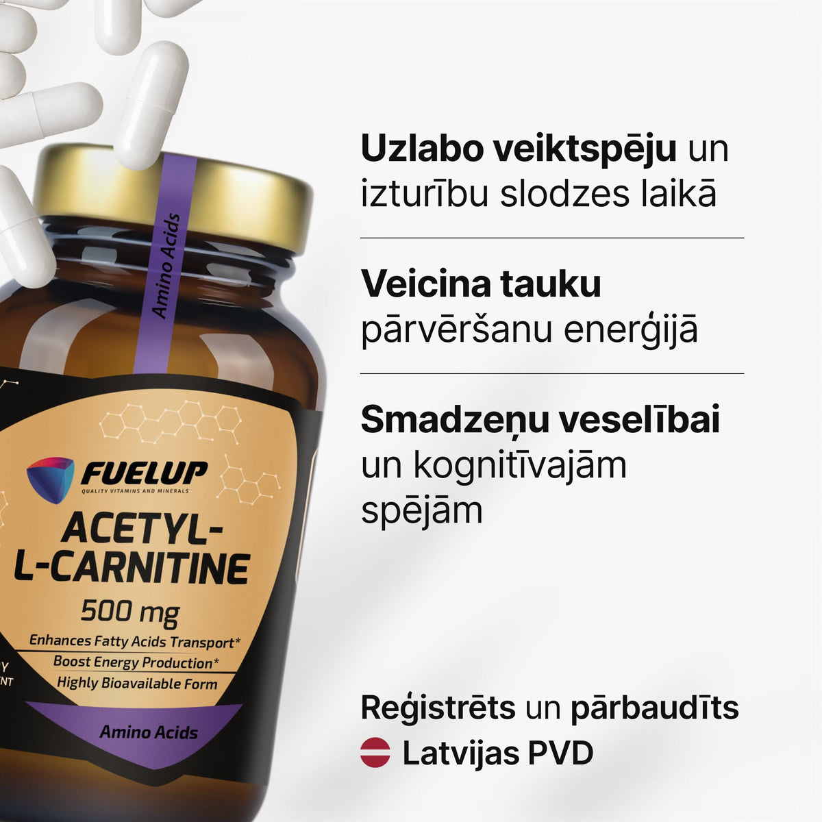 Acetil-L-karnitīns (ALCAR) 500 mg smadzeņu un šūnu enerģijas procesiem no Fuel Up