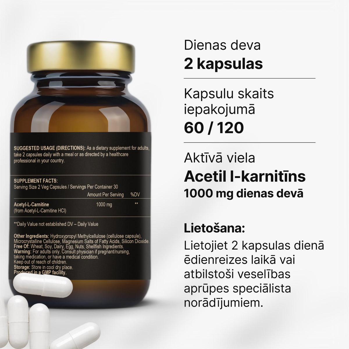 Acetil-L-karnitīns (ALCAR) 500 mg smadzeņu un šūnu enerģijas procesiem no Fuel Up