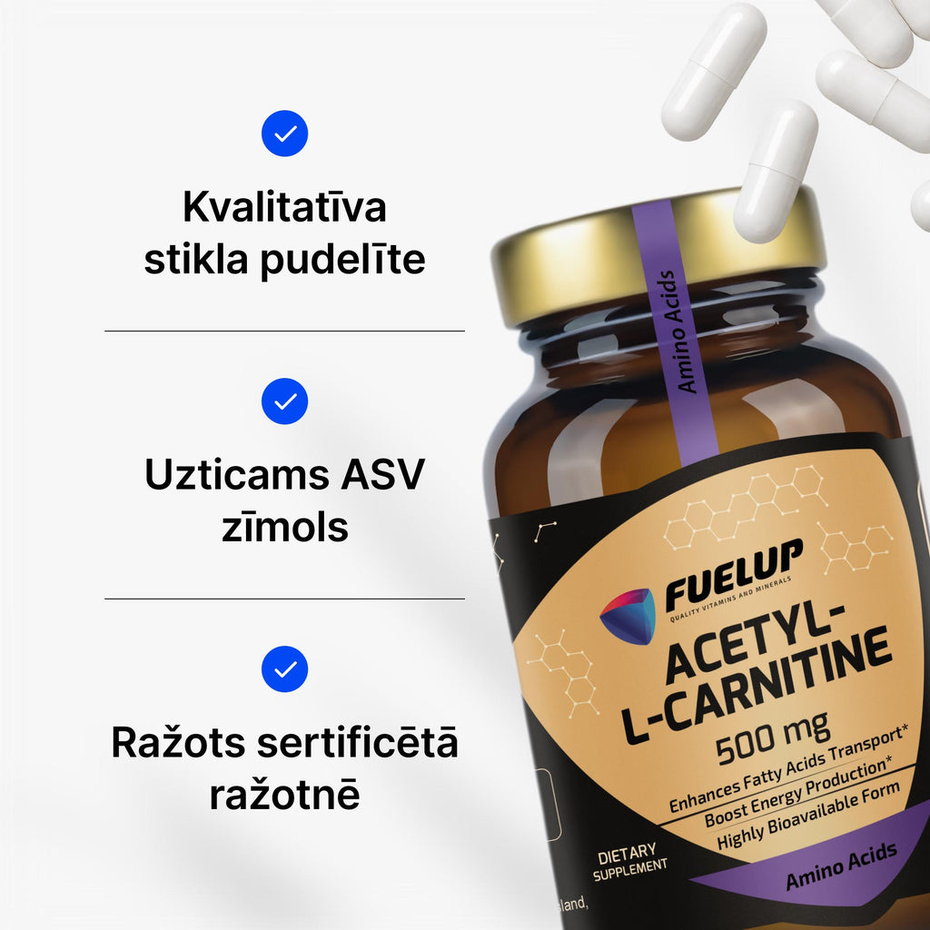 Acetil-L-karnitīns (ALCAR) 500 mg smadzeņu un šūnu enerģijas procesiem no Fuel Up