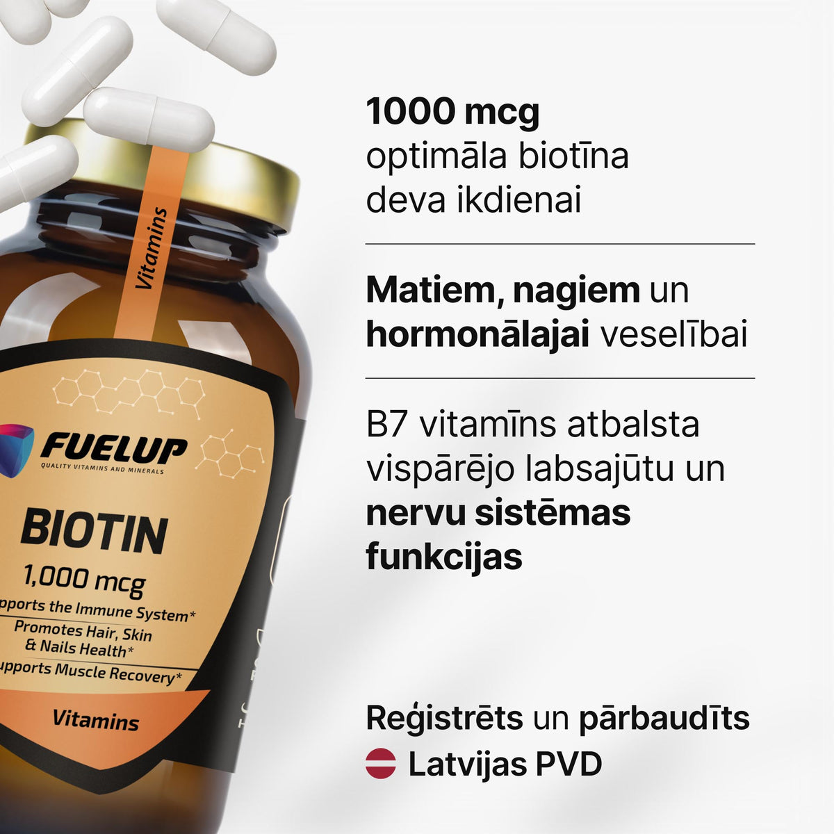 Biotīns 1000 mcg matu, ādas un enerģijas vielmaiņas atbalstam no Fuel Up (120 kapsulas)