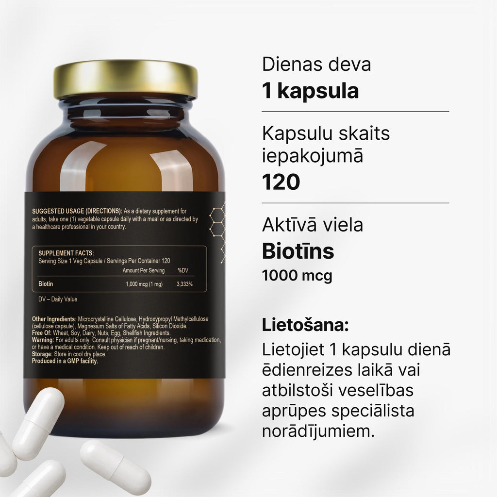 Biotīns 1000 mcg matu, ādas un enerģijas vielmaiņas atbalstam no Fuel Up (120 kapsulas)