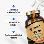 Biotīns 1000 mcg matu, ādas un enerģijas vielmaiņas atbalstam no Fuel Up (120 kapsulas)