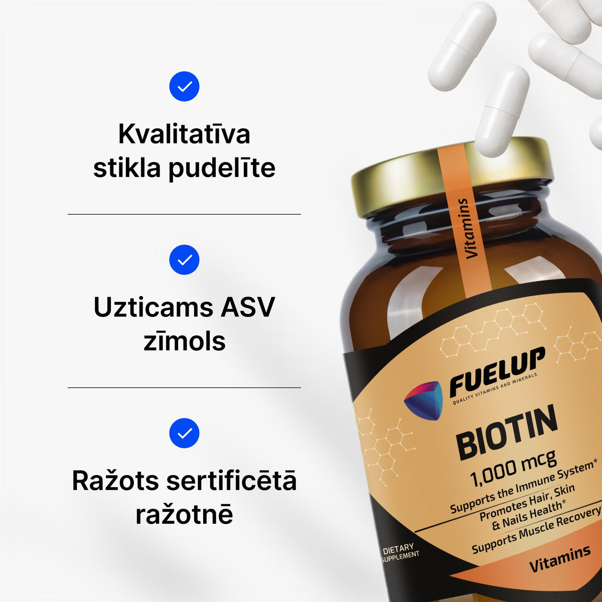 Biotīns 1000 mcg matu, ādas un enerģijas vielmaiņas atbalstam no Fuel Up (120 kapsulas)