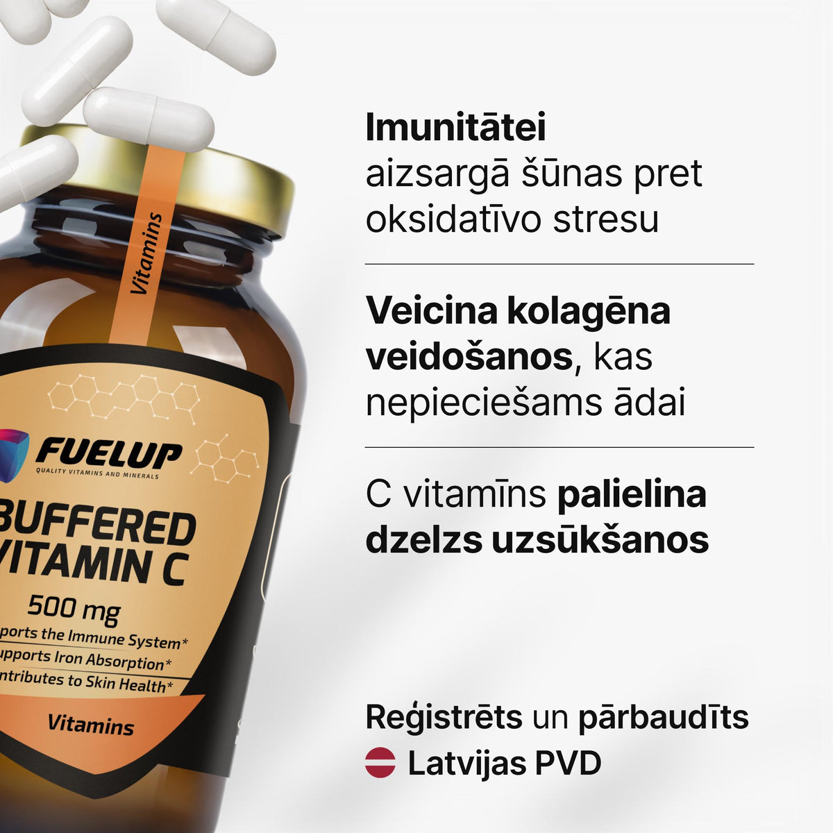 Buferēts C vitamīns 500 mg (nātrija askorbāts) imunitātei no Fuel Up (120 kapsulas)