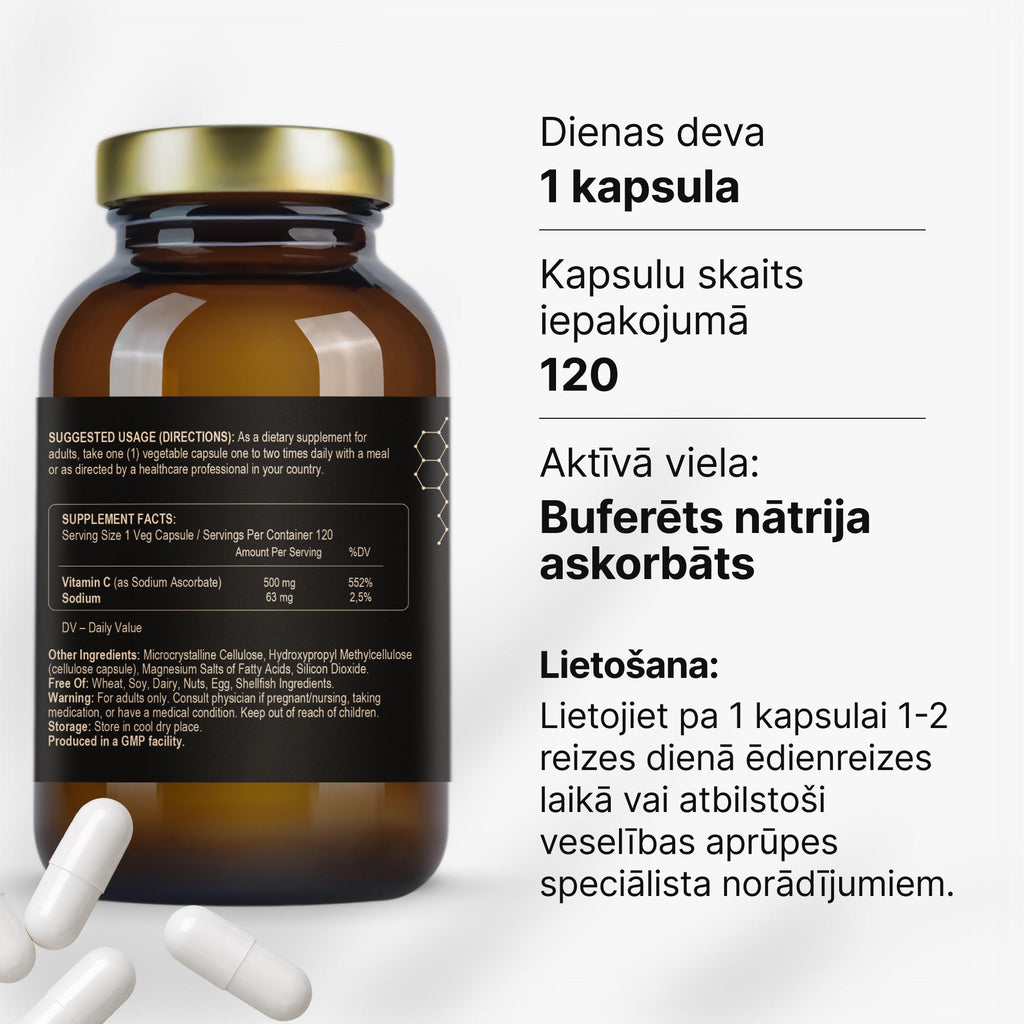 Buferēts C vitamīns 500 mg (nātrija askorbāts) imunitātei no Fuel Up (120 kapsulas)