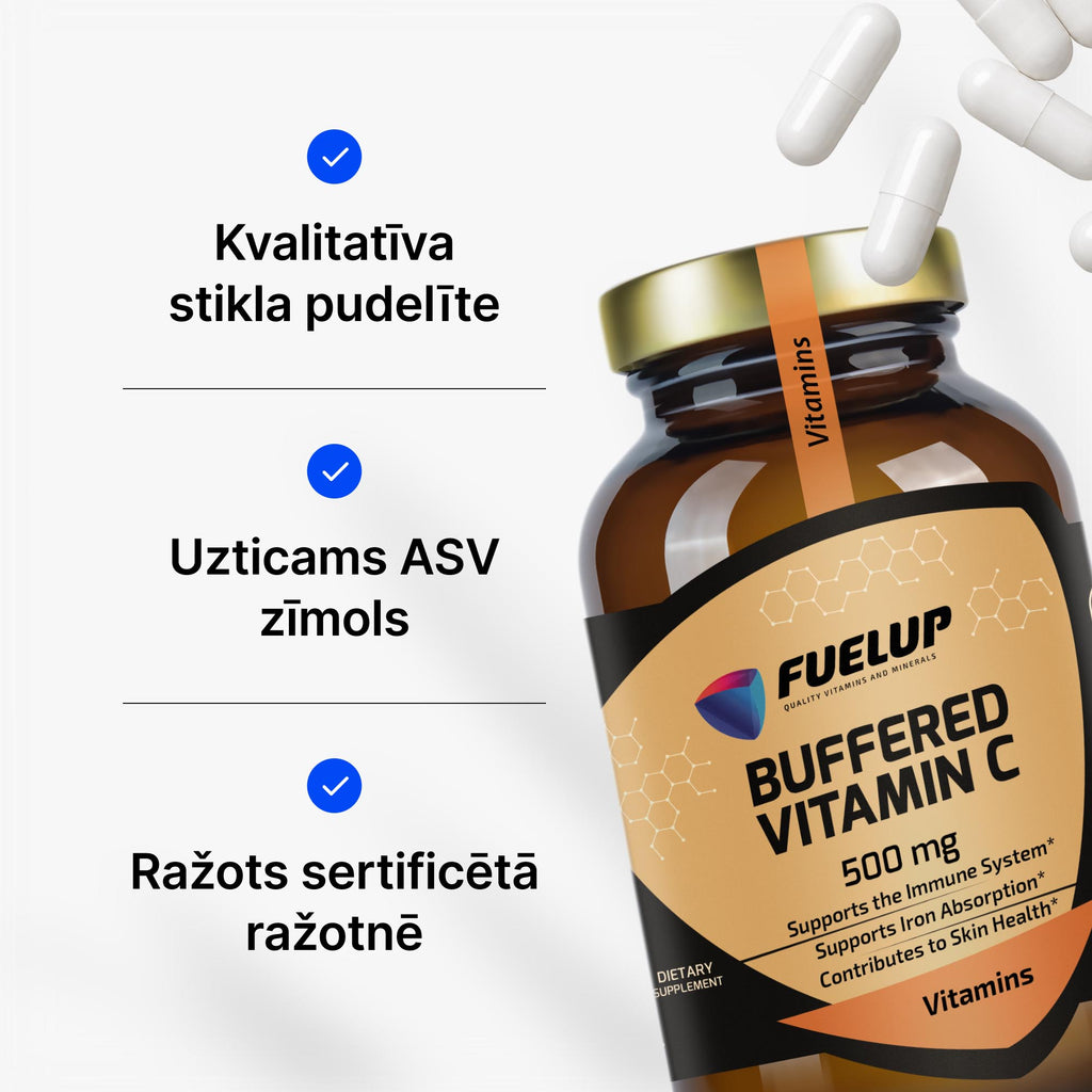 Buferēts C vitamīns 500 mg (nātrija askorbāts) imunitātei no Fuel Up (120 kapsulas)