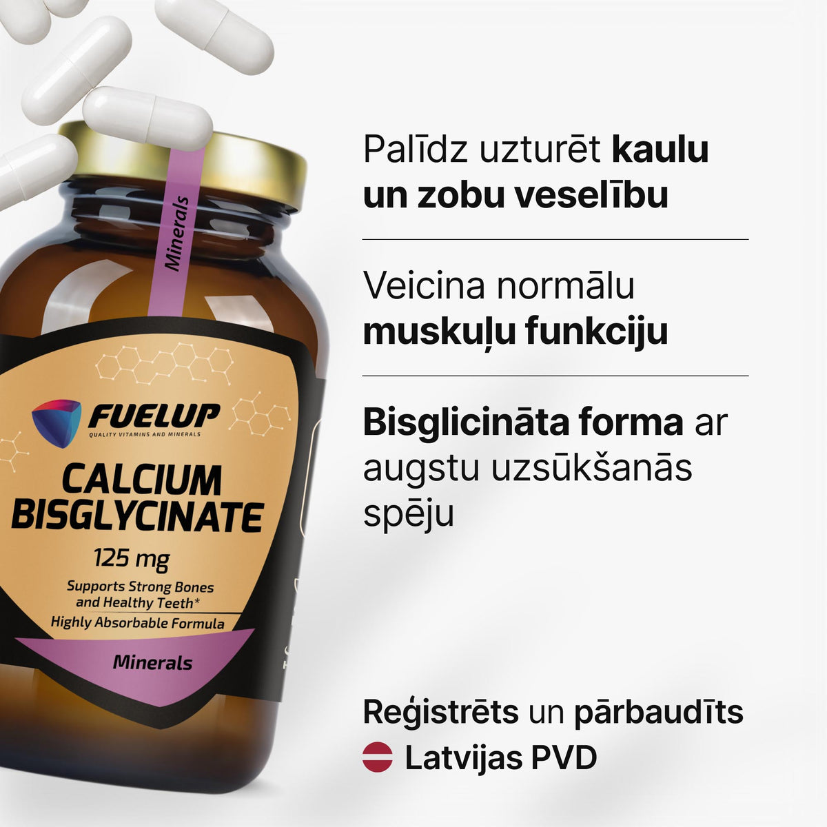 Kalcija bisglicināts 125 mg kauliem, zobiem un muskuļu darbībai no Fuel Up (120 kapsulas)
