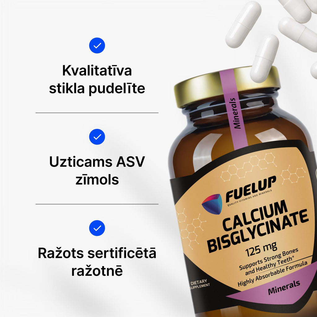 Kalcija bisglicināts 125 mg kauliem, zobiem un muskuļu darbībai no Fuel Up (120 kapsulas)
