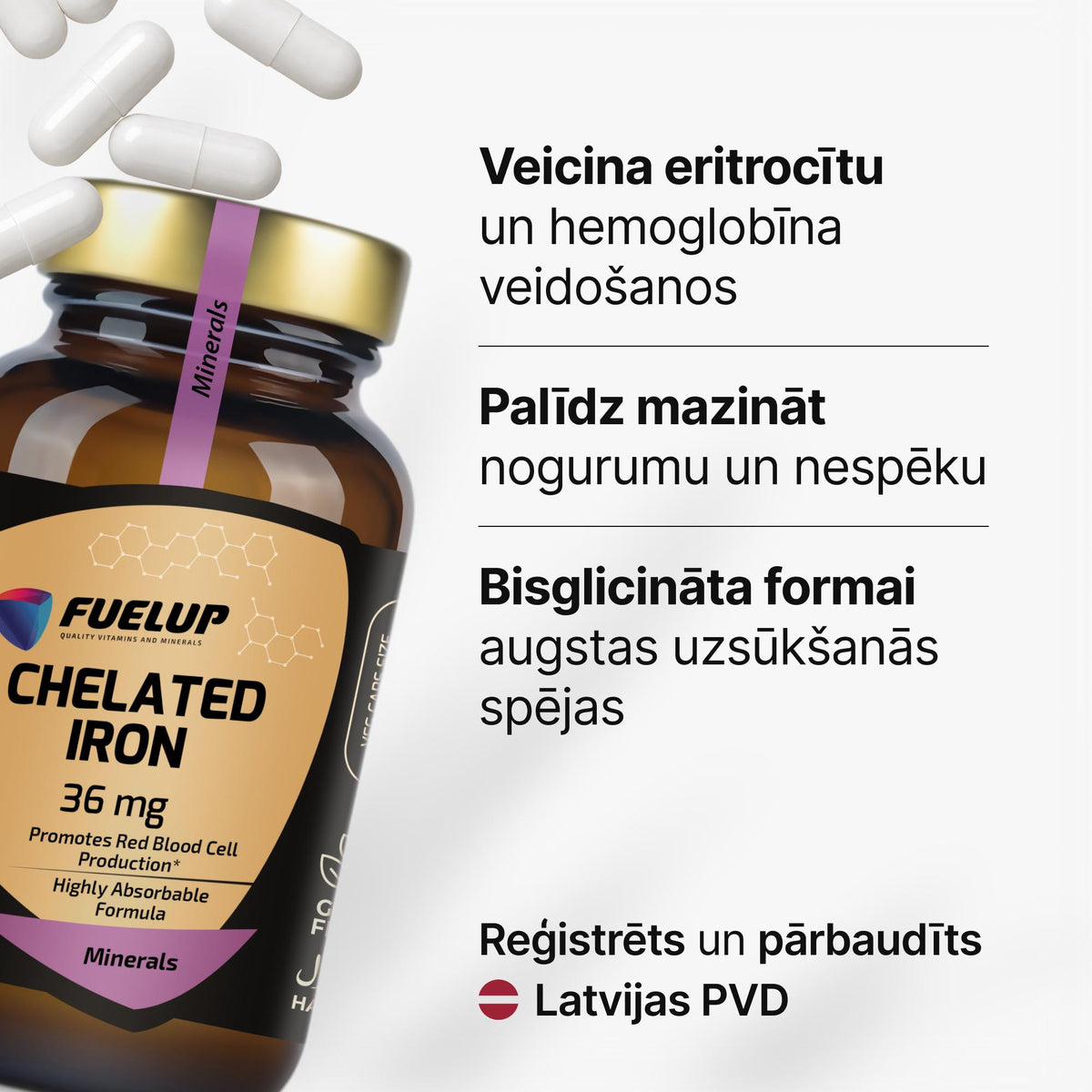 Dzelzs bisglicināts 36 mg enerģijai, hemoglobīnam un imunitātei no Fuel Up (90 kapsulas)