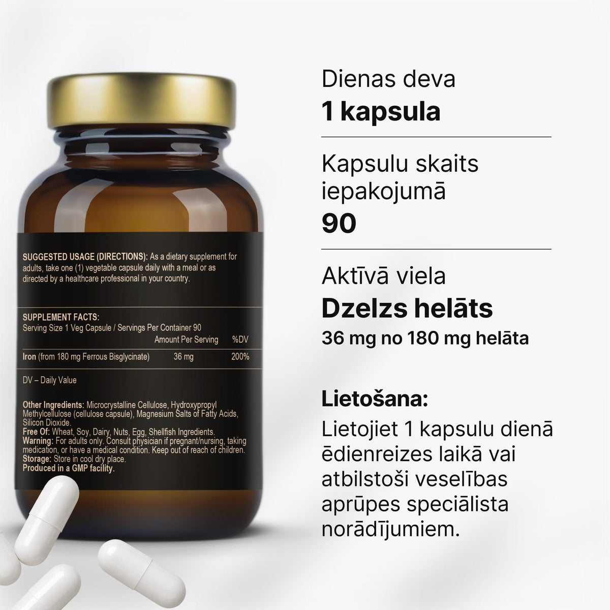 Dzelzs bisglicināts 36 mg enerģijai, hemoglobīnam un imunitātei no Fuel Up (90 kapsulas)
