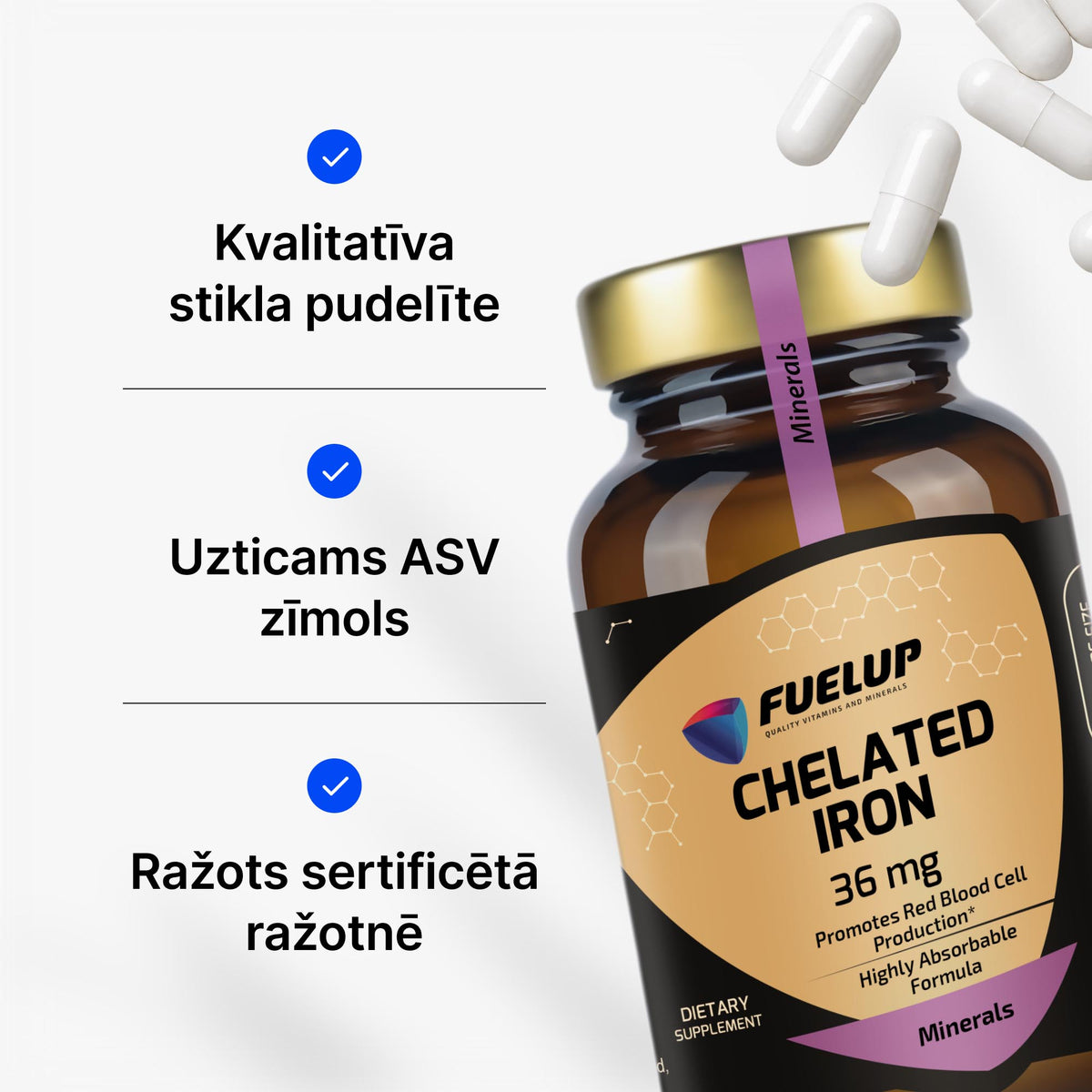 Dzelzs bisglicināts 36 mg enerģijai, hemoglobīnam un imunitātei no Fuel Up (90 kapsulas)