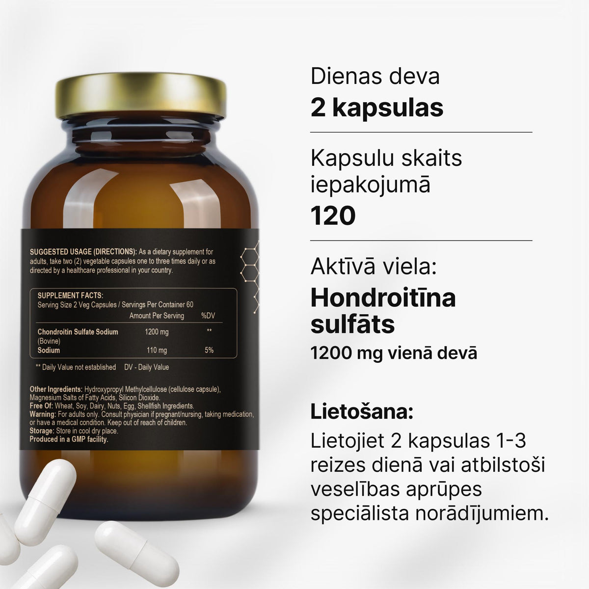 Hondroitīna sulfāts 600 mg skrimšļiem un locītavu kustīgumam no Fuel Up (120 kapsulas)