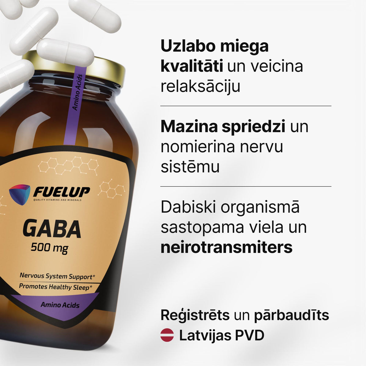 GABA 500 mg relaksācijai un vakara labsajūtai no Fuel Up (100 kapsulas)