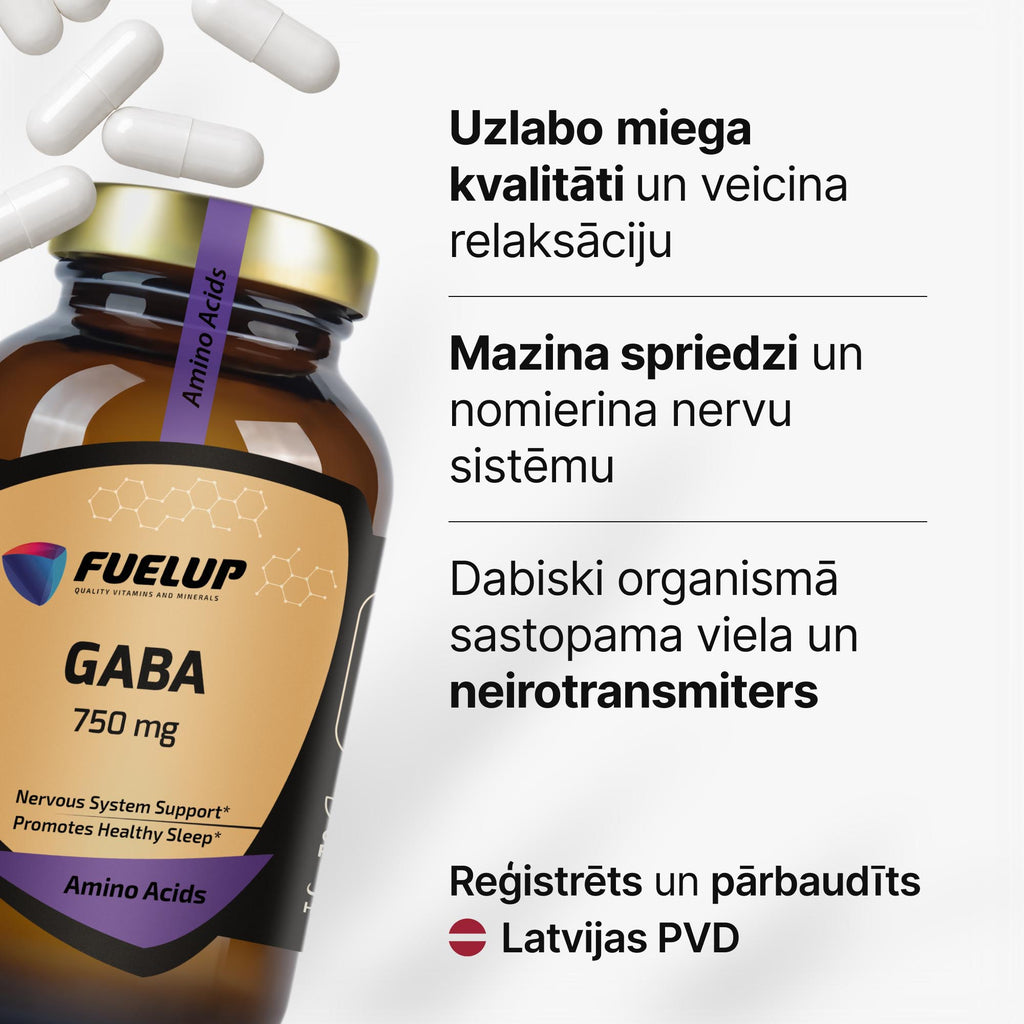 GABA 750 mg relaksācijai un mierīgākai pašsajūtai no Fuel Up (100 kapsulas)