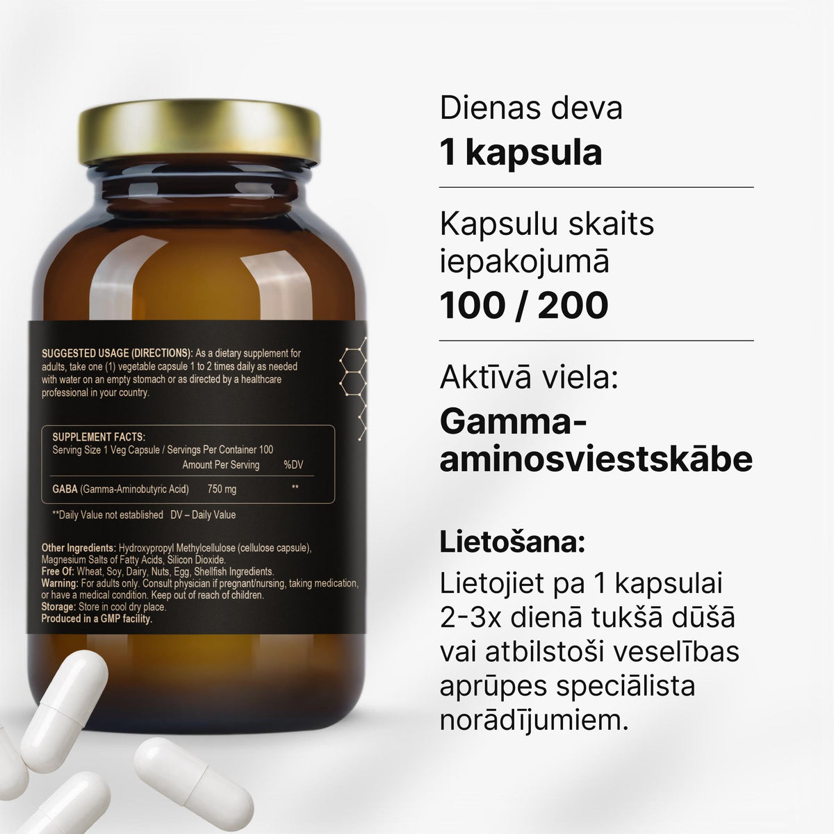 GABA 750 mg relaksācijai un mierīgākai pašsajūtai no Fuel Up (100 kapsulas)