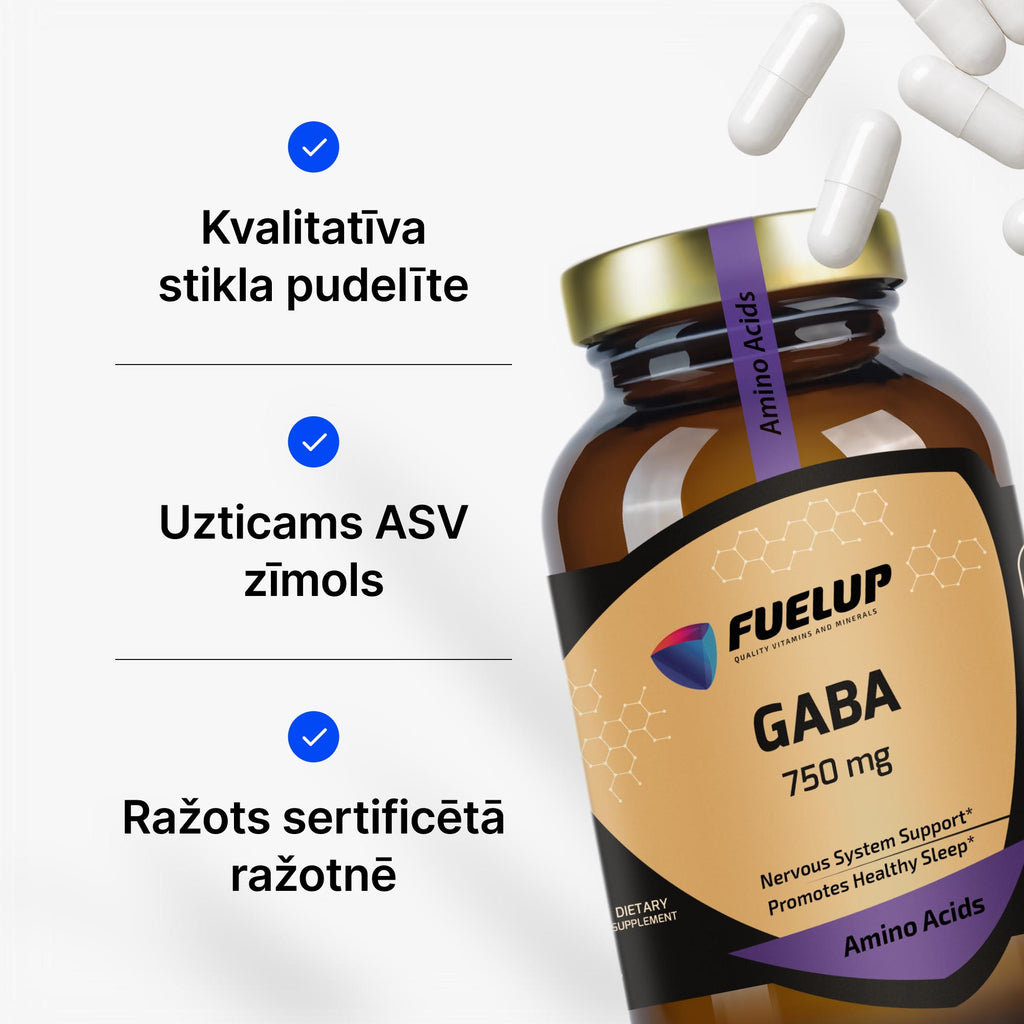 GABA 750 mg relaksācijai un mierīgākai pašsajūtai no Fuel Up (100 kapsulas)