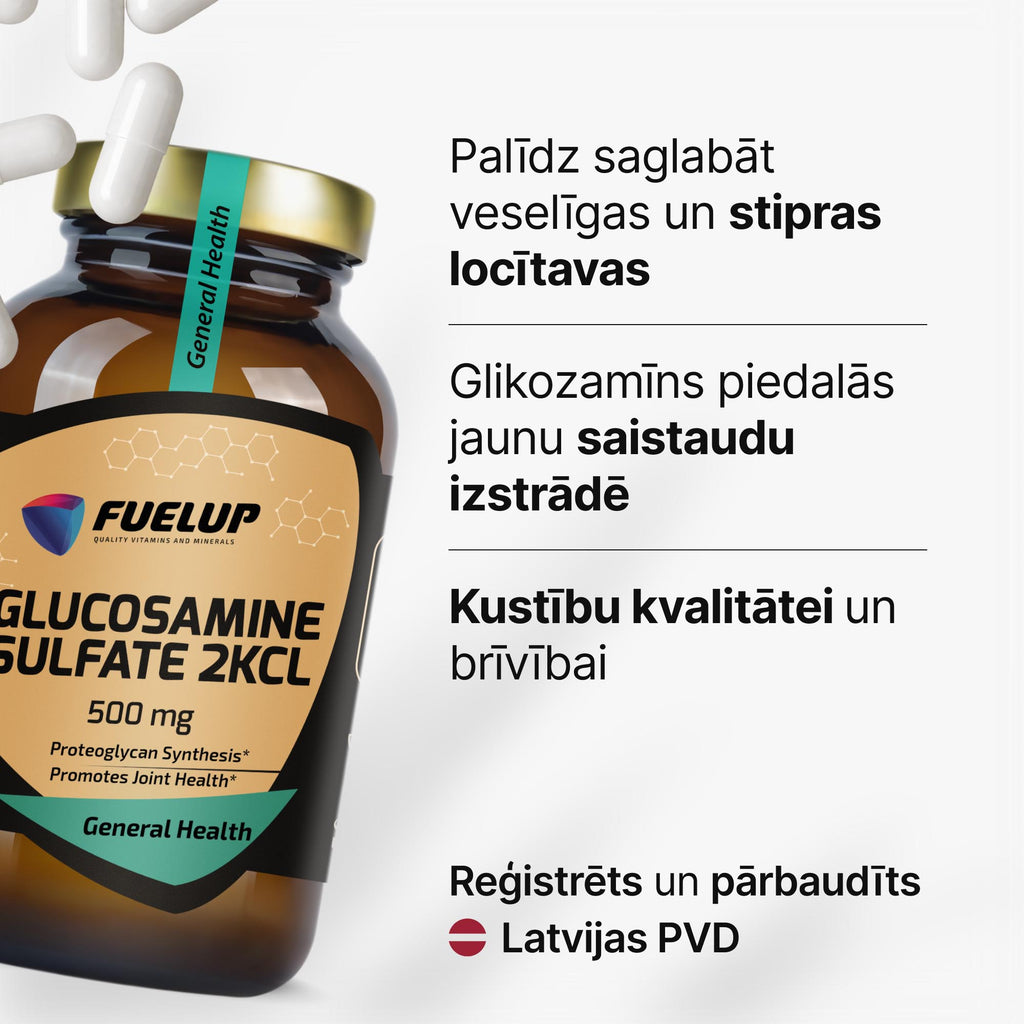 Glikozamīna sulfāts 500 mg (2KCl) skrimšļa struktūrvielu papildināšanai no Fuel Up (120 kapsulas)