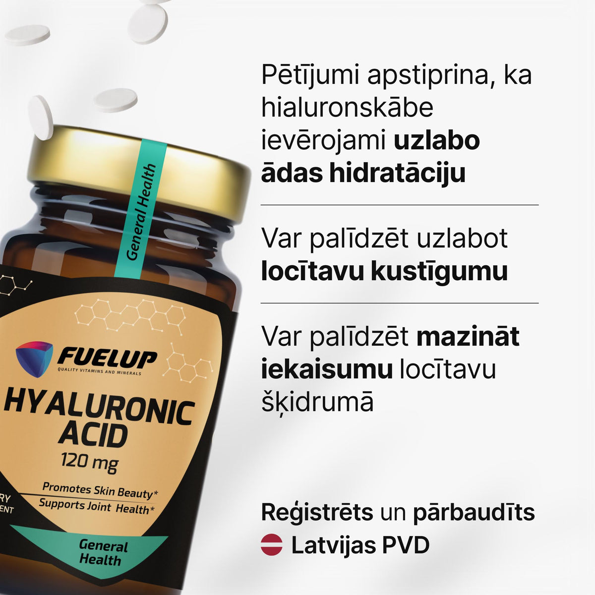 Hialuronskābe 120 mg ādas mitrināšanai un elastībai no Fuel Up (60 tabletes)