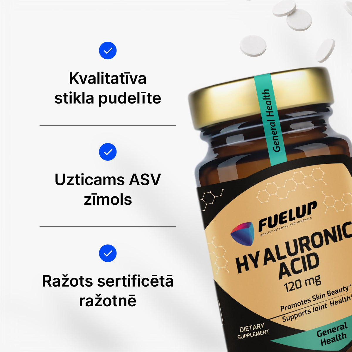 Hialuronskābe 120 mg ādas mitrināšanai un elastībai no Fuel Up (60 tabletes)