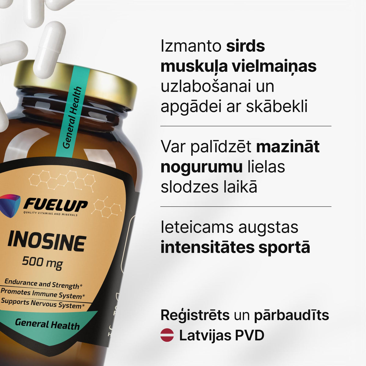 Inozīns 500 mg enerģijas procesiem, izturībai un atjaunošanās periodam no Fuel Up (100 kapsulas)