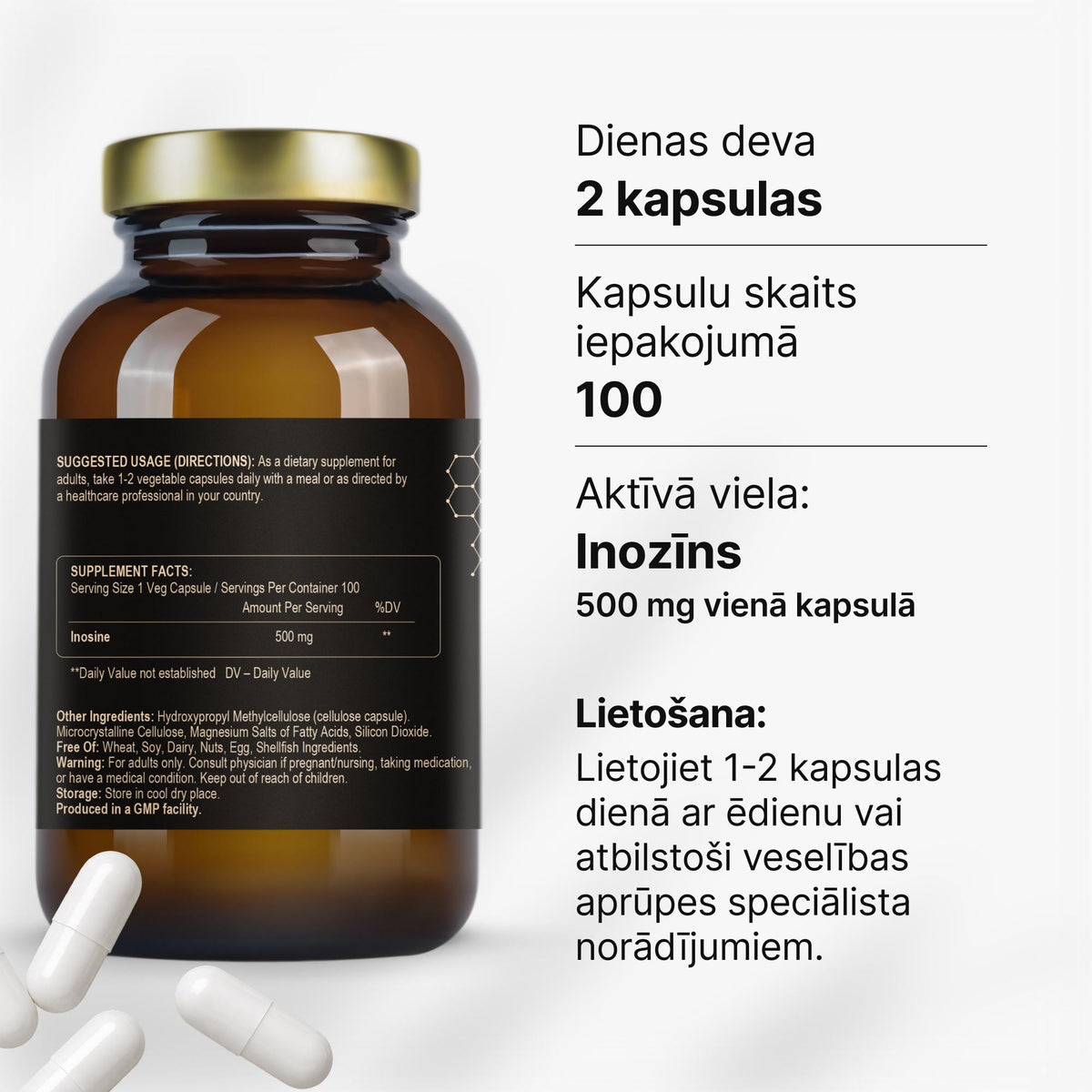 Inozīns 500 mg enerģijas procesiem, izturībai un atjaunošanās periodam no Fuel Up (100 kapsulas)