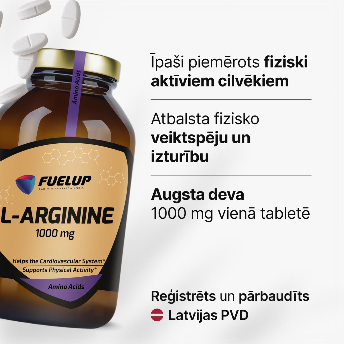L-arginīns 1000 mg asinsritei un fiziskajai veiktspējai no Fuel Up (120 kapsulas)