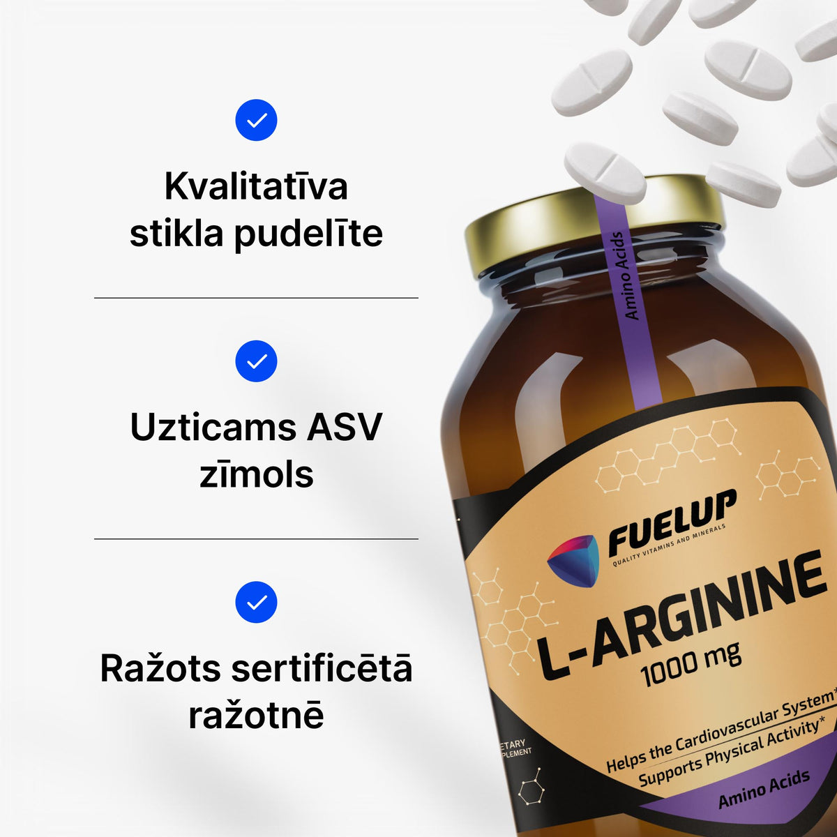L-arginīns 1000 mg asinsritei un fiziskajai veiktspējai no Fuel Up (120 kapsulas)