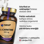 L-karnitīns 500 mg enerģijas vielmaiņai, izturībai un atjaunošanās periodam no Fuel Up (60 kapsulas)