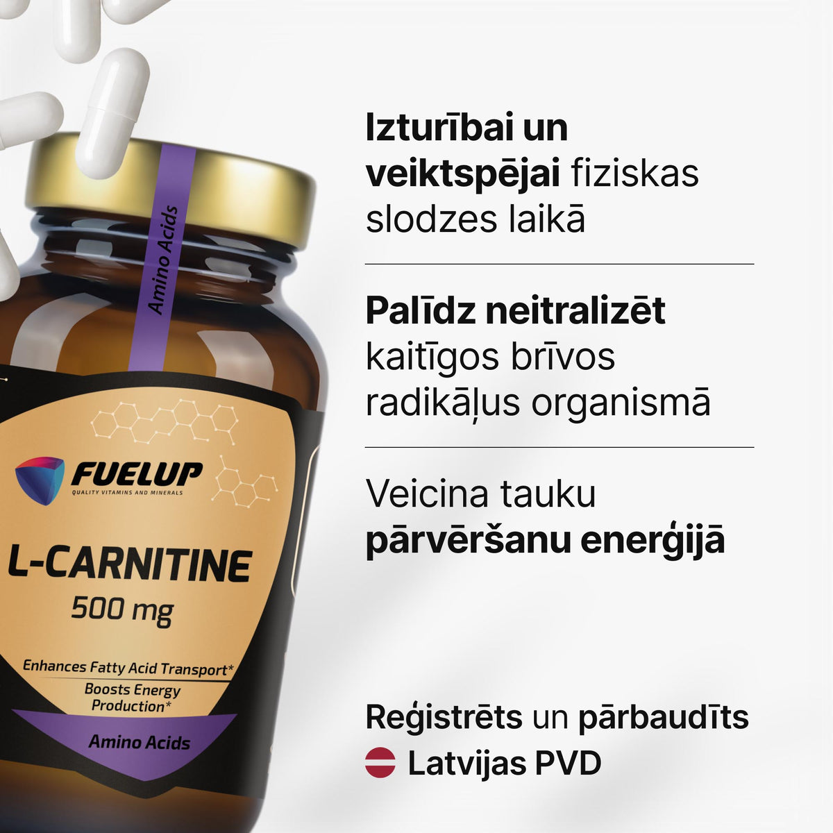 L-karnitīns 500 mg enerģijas vielmaiņai, izturībai un atjaunošanās periodam no Fuel Up (60 kapsulas)