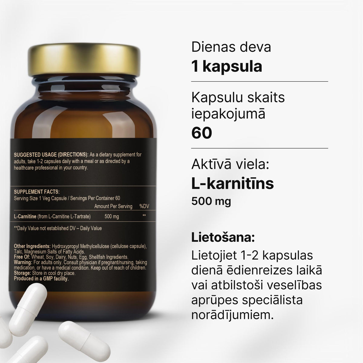 L-karnitīns 500 mg enerģijas vielmaiņai, izturībai un atjaunošanās periodam no Fuel Up (60 kapsulas)