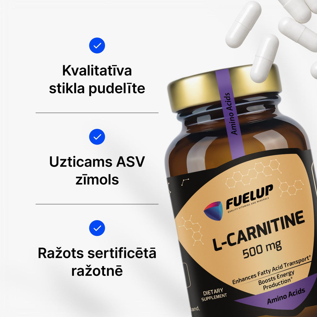 L-karnitīns 500 mg enerģijas vielmaiņai, izturībai un atjaunošanās periodam no Fuel Up (60 kapsulas)