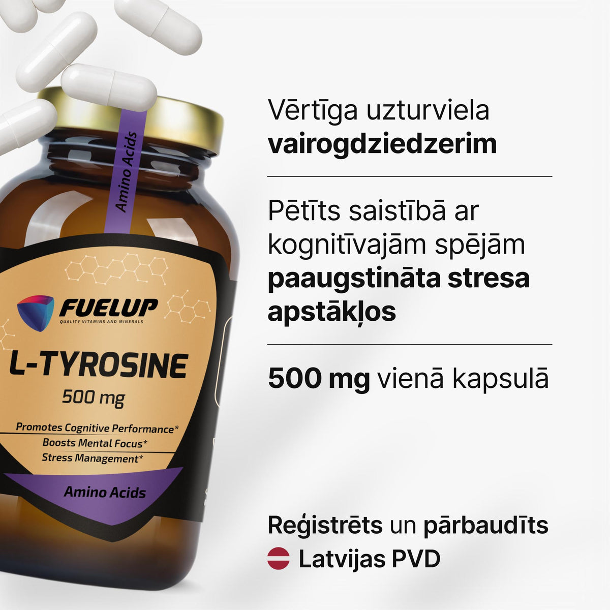 L-tirozīns 500 mg fokusam un garīgai veiktspējai intensīvas slodzes laikā no Fuel Up (120 kapsulas)