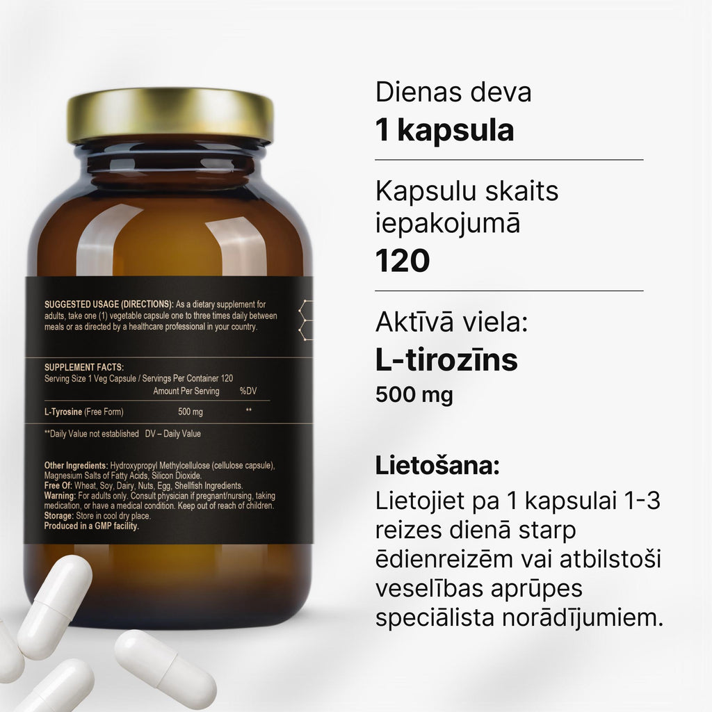 L-tirozīns 500 mg fokusam un garīgai veiktspējai intensīvas slodzes laikā no Fuel Up (120 kapsulas)
