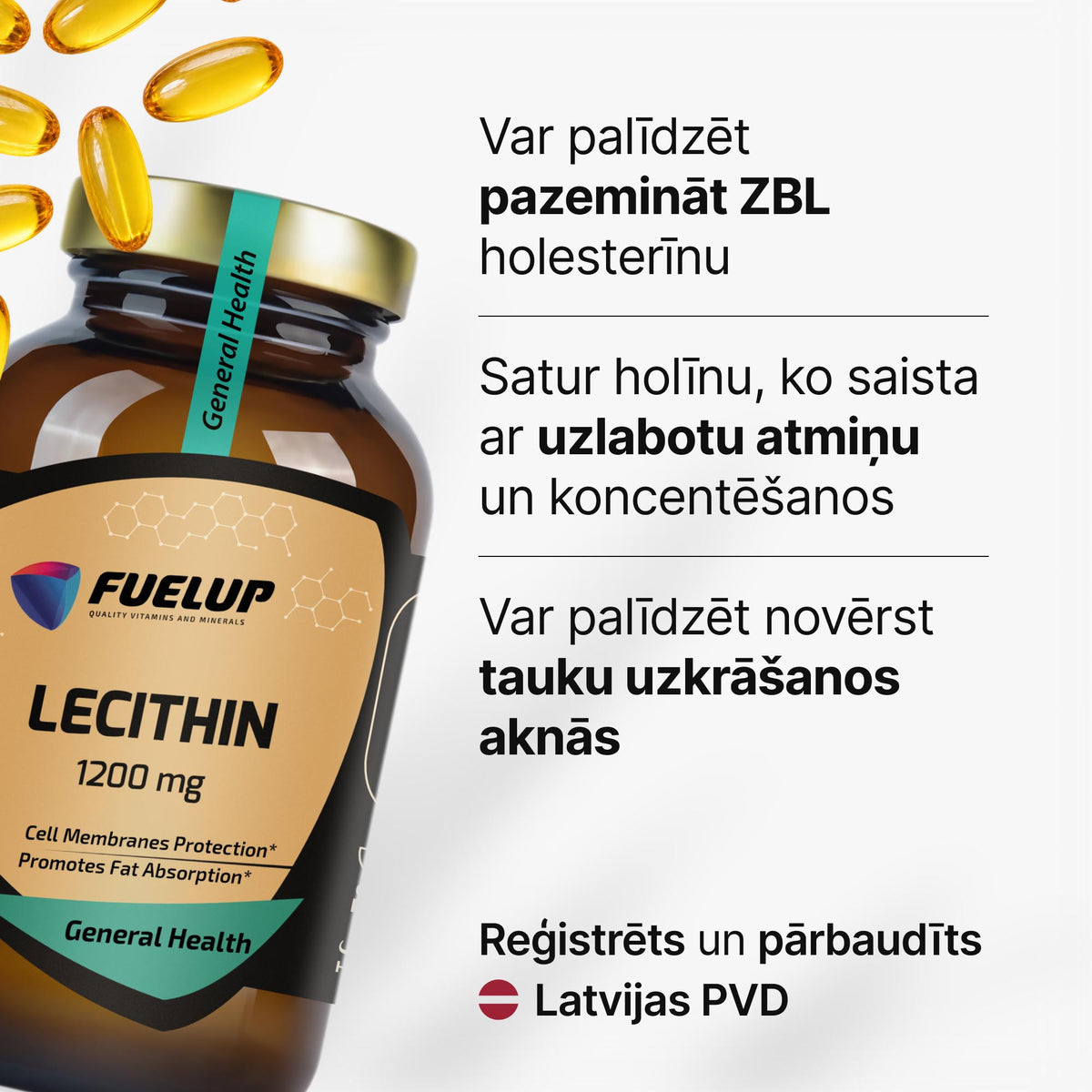 Lecitīns 1200 mg šūnu un nervu sistēmas atbalstam no Fuel Up (mīkstās kapsulas)