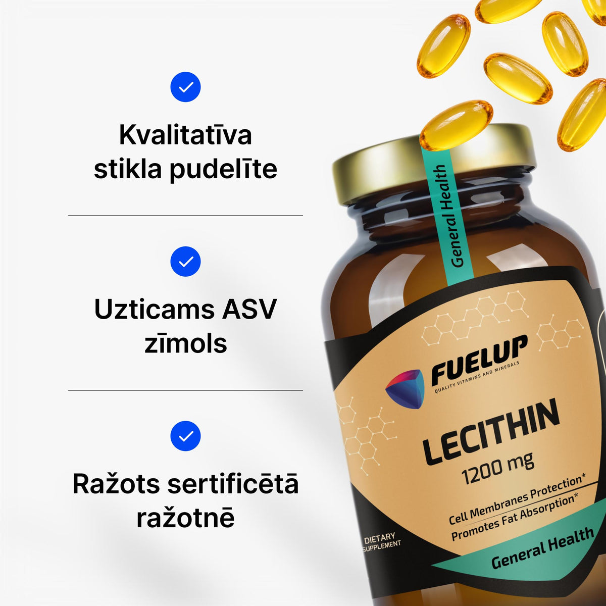 Lecitīns 1200 mg šūnu un nervu sistēmas atbalstam no Fuel Up (mīkstās kapsulas)