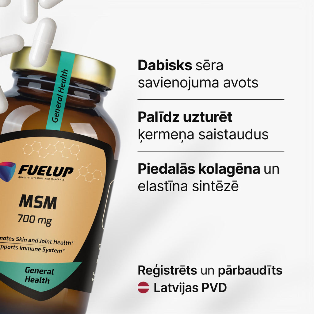 MSM organiskais sērs 700 mg locītavām un saistaudiem no Fuel Up (120 kapsulas)