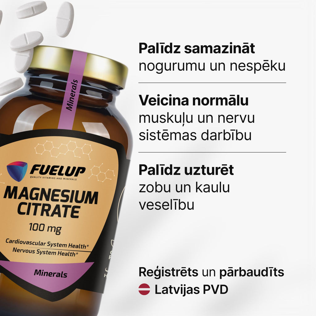 Magnija citrāts 100 mg enerģijai, nervu sistēmai un muskuļiem no Fuel Up (120 tabletes)