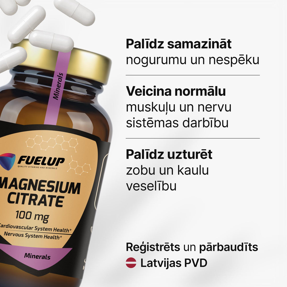 Magnija citrāts 100 mg enerģijai, nervu sistēmai un muskuļiem (kapsulu veidā) no Fuel Up