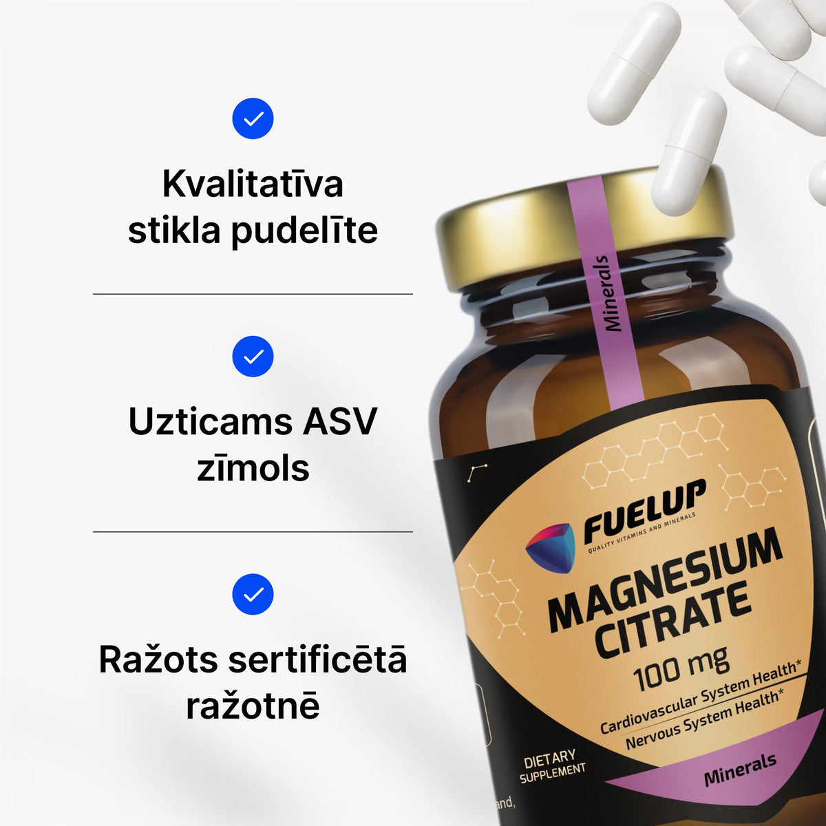 Magnija citrāts 100 mg enerģijai, nervu sistēmai un muskuļiem (kapsulu veidā) no Fuel Up
