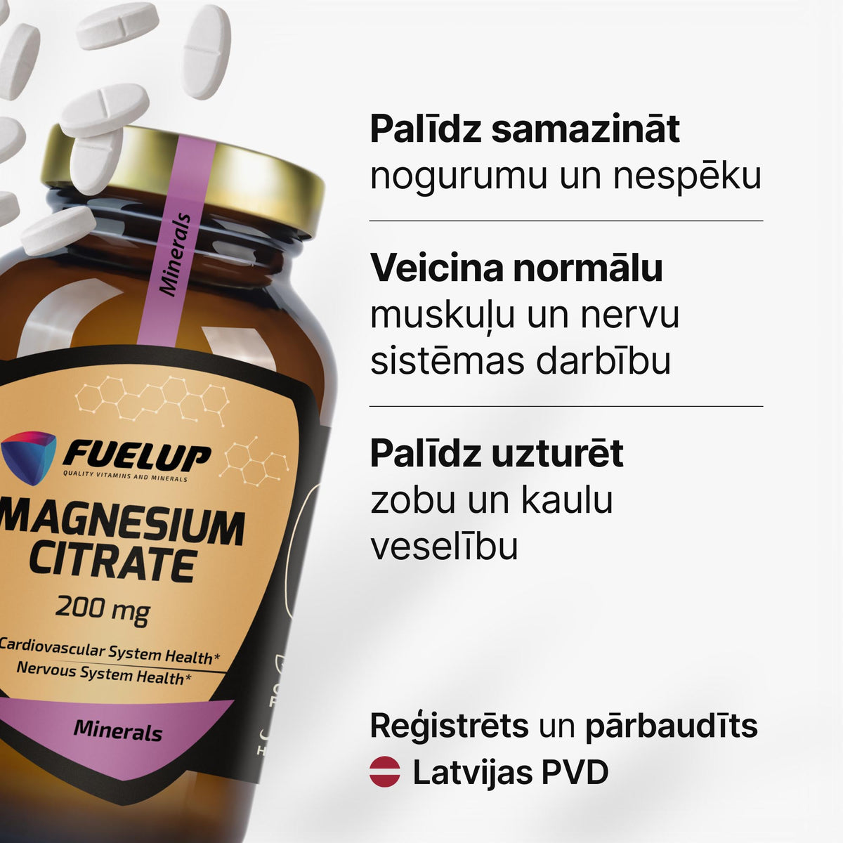 Magnija citrāts 200 mg enerģijai, muskuļiem un nervu sistēmai no Fuel Up (60 tabletes)