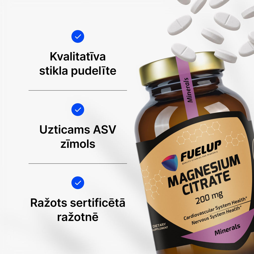 Magnija citrāts 200 mg enerģijai, muskuļiem un nervu sistēmai no Fuel Up (60 tabletes)