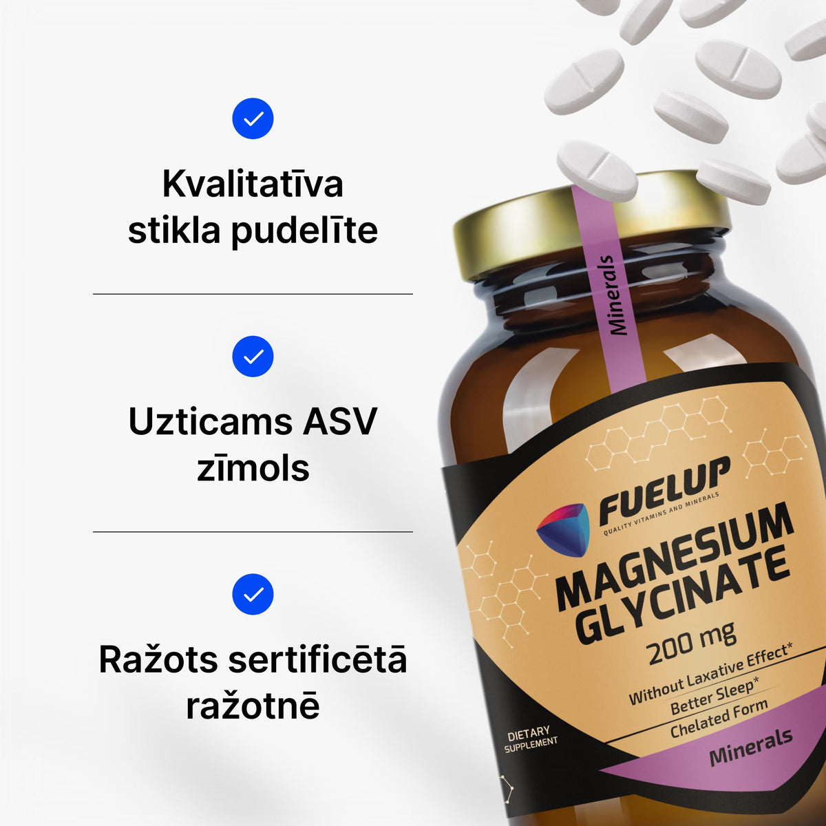 Magnija bisglicināts 200 mg miegam, nervu sistēmai un muskuļiem no Fuel Up (60 tabletes)