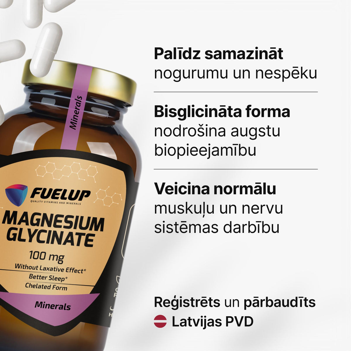Magnija bisglicināts 100 mg nervu sistēmai un muskuļu darbībai no Fuel Up (120 kapsulas)