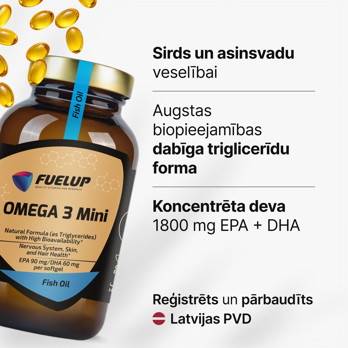 Omega-3 zivju eļļa mini kapsulās EPA un DHA triglicerīdu formā no Fuel Up (180 kapsulas)