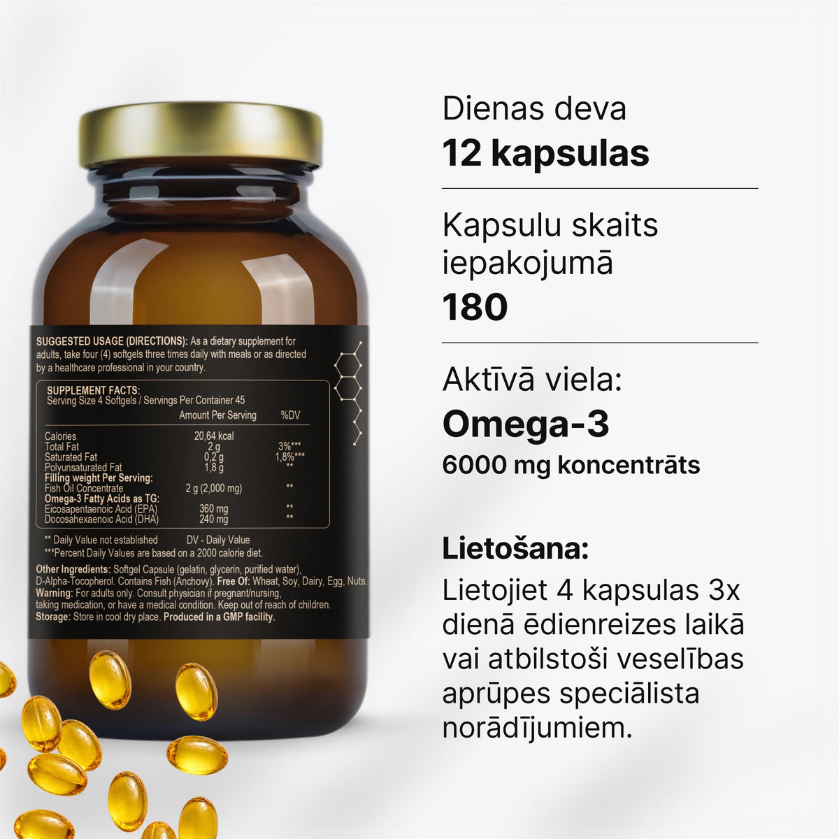 Omega-3 zivju eļļa mini kapsulās EPA un DHA triglicerīdu formā no Fuel Up (180 kapsulas)