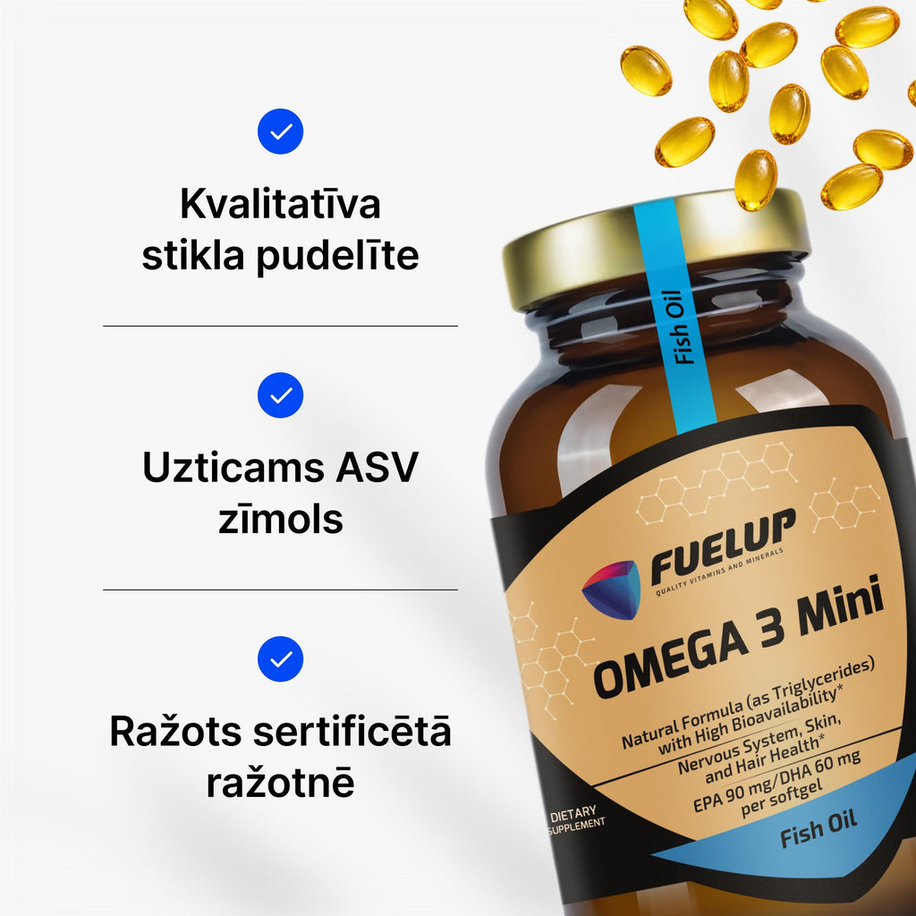 Omega-3 zivju eļļa mini kapsulās EPA un DHA triglicerīdu formā no Fuel Up (180 kapsulas)