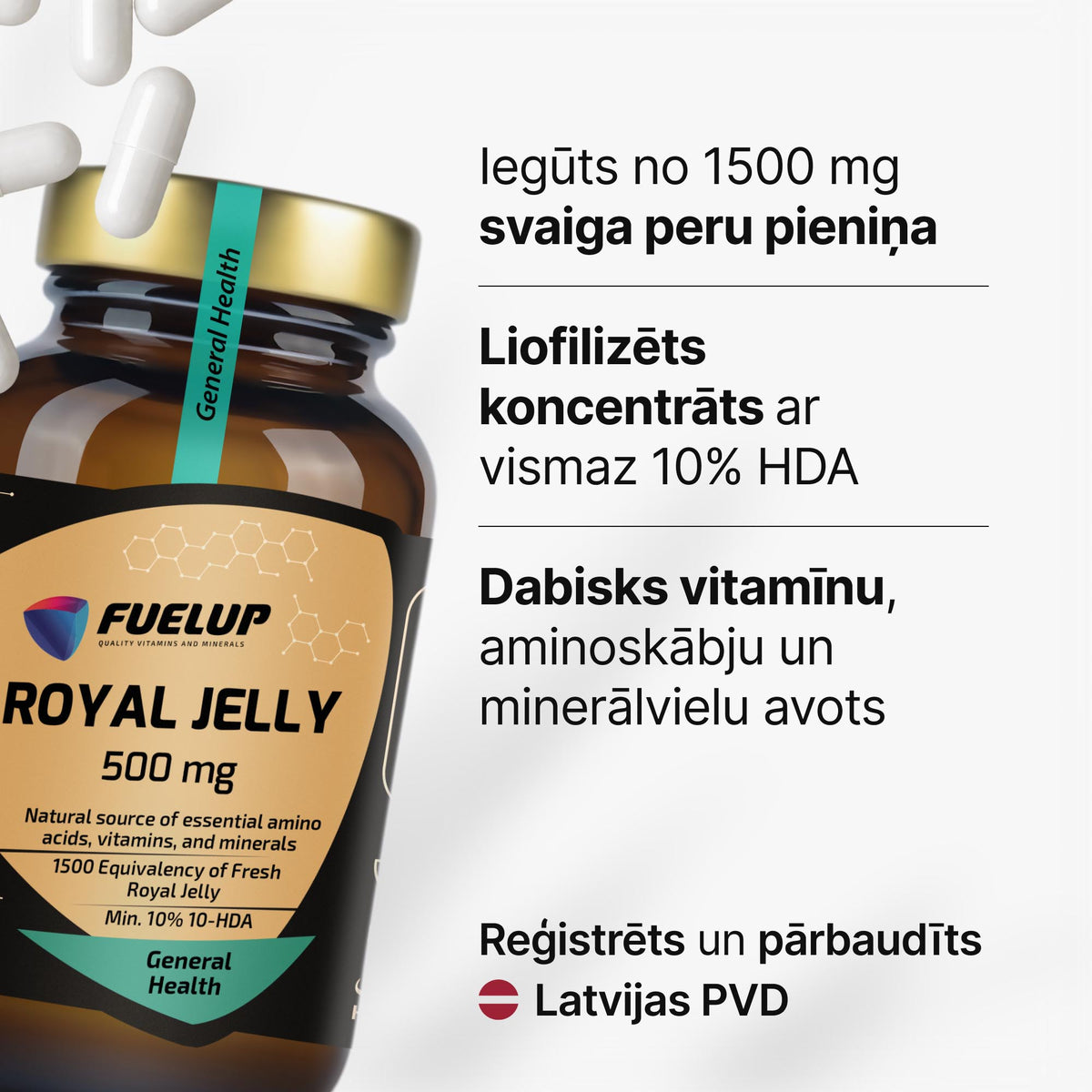Bišu māšu peru pieniņš (Royal Jelly) 500 mg vitalitātei un antioksidatīvam atbalstam no Fuel Up (60 kapsulas)