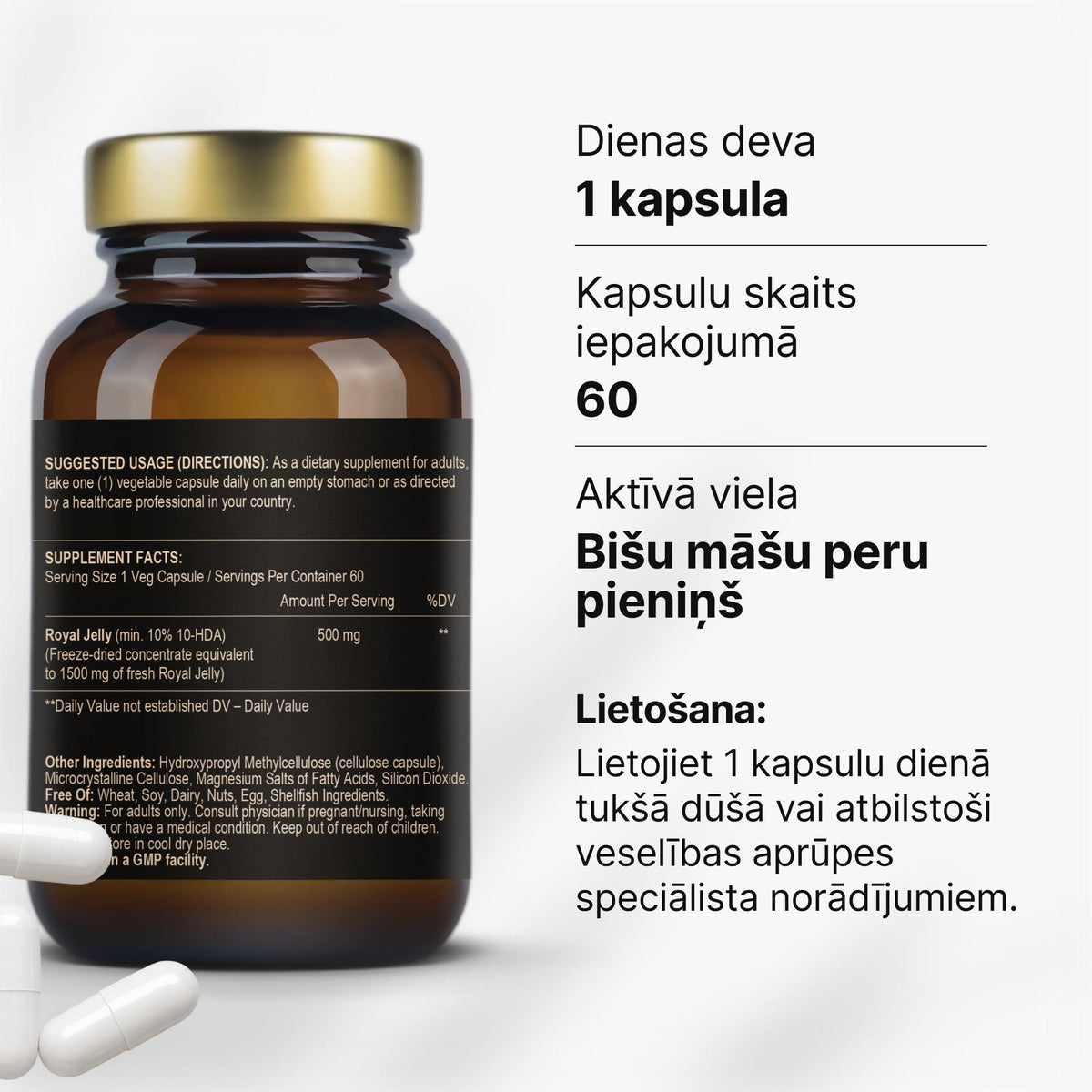 Bišu māšu peru pieniņš (Royal Jelly) 500 mg vitalitātei un antioksidatīvam atbalstam no Fuel Up (60 kapsulas)