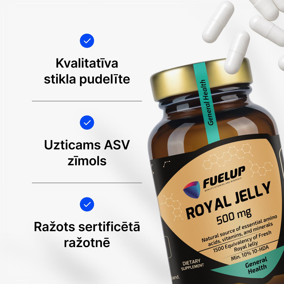 Bišu māšu peru pieniņš (Royal Jelly) 500 mg vitalitātei un antioksidatīvam atbalstam no Fuel Up (60 kapsulas)