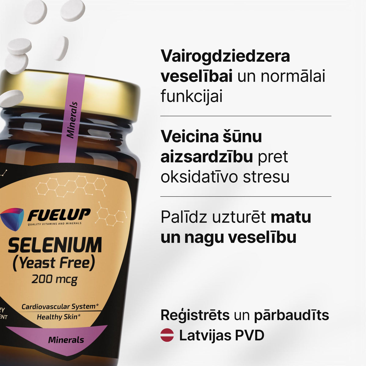 Selēns 200 mcg vairogdziedzera darbībai, imunitātei un šūnu aizsardzībai no Fuel Up (100 tabletes)